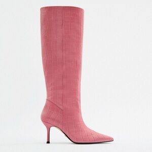 Zara Vibrant Pink Croc-Patterned Heeled Boots